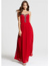 Red Chiffon Beads Strapless Long Prom Dress